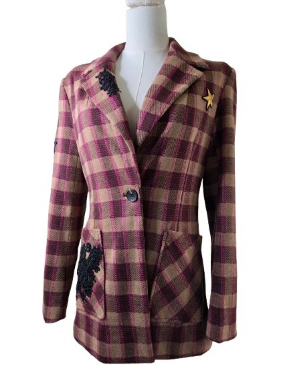 Avec Les Filles Blazer Pink Burgundy Plaid Embellished Small Streetwear